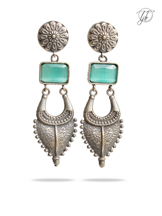 Sea Green Stone Long German Silver Earrings