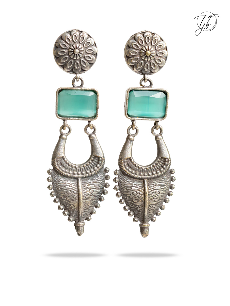 Sea Green Stone Long German Silver Earrings