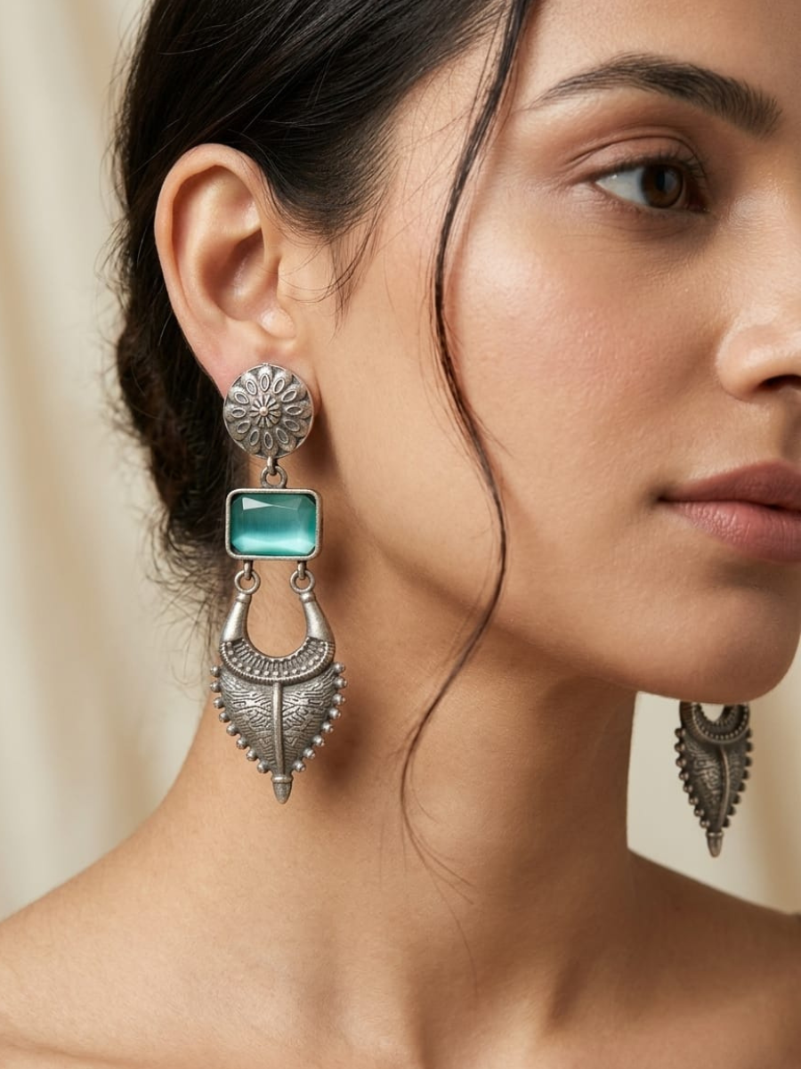 Sea green gemstone oxidised earrings