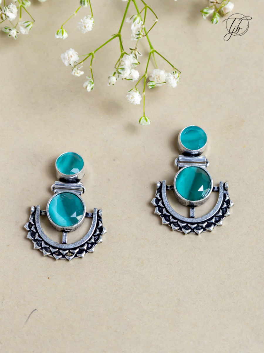 Buy Sea Green Stone Studded Oxidised Silver Dangler Earrings Online - TheJewelbox