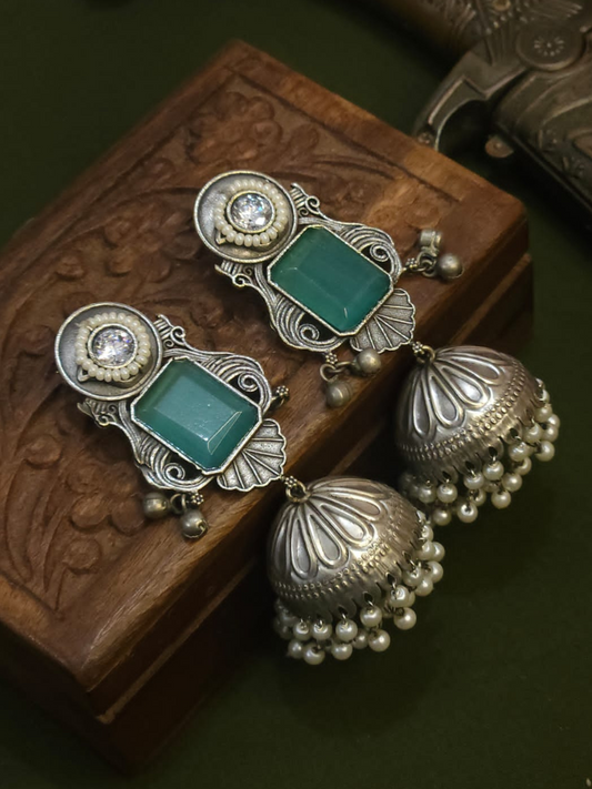 Buy Sea Green Stone Studded Oxidised Silver Long Jhumka Earrings Online - TheJewelbox