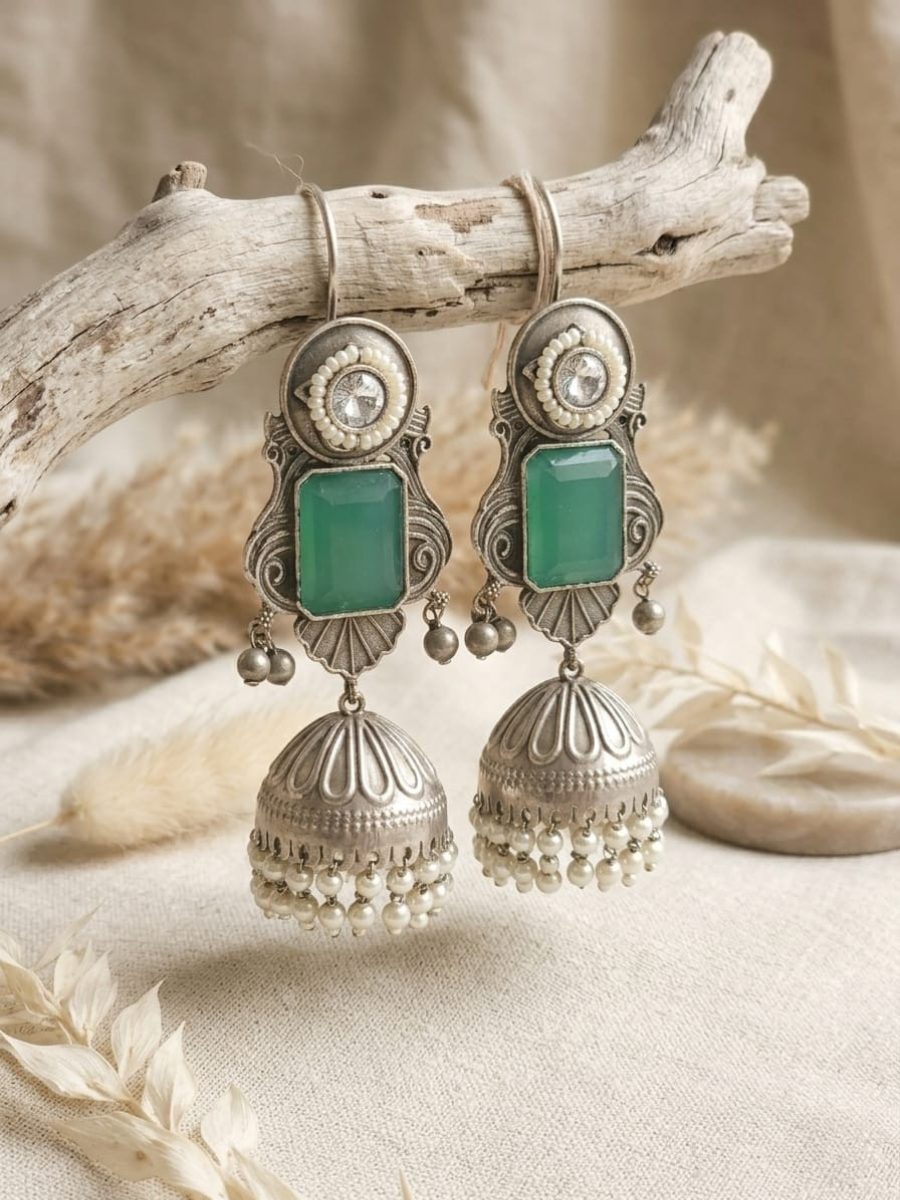 Buy Sea Green Stone Studded Oxidised Silver Long Jhumka Earrings Online in India