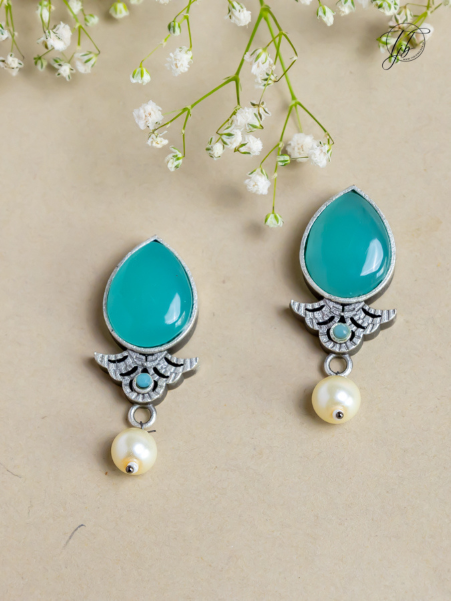 Buy Sea Green Stone Studded Oxidised Silver Stud Earrings Online - TheJewelbox