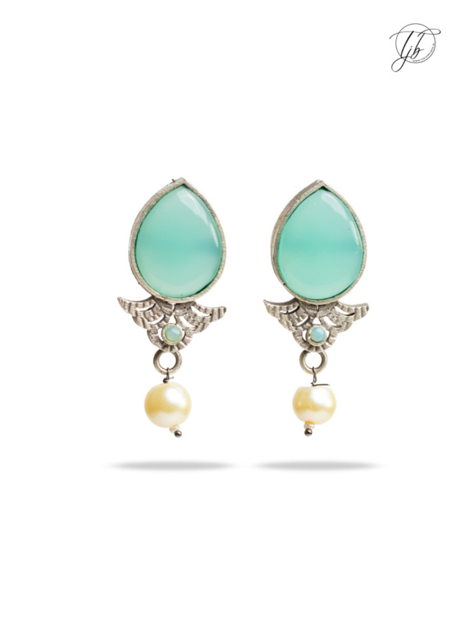 Sea Green Stone Studded Oxidised Silver Stud Earrings