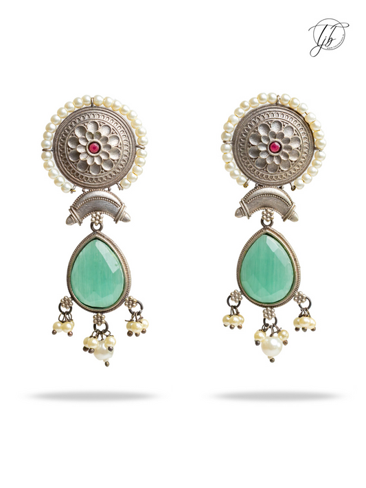 Sea Green Stones German Silver Oxidised Dangler Earrings