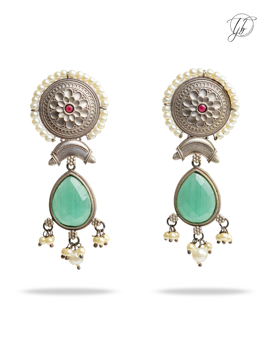 Sea Green Stones German Silver Oxidised Dangler Earrings