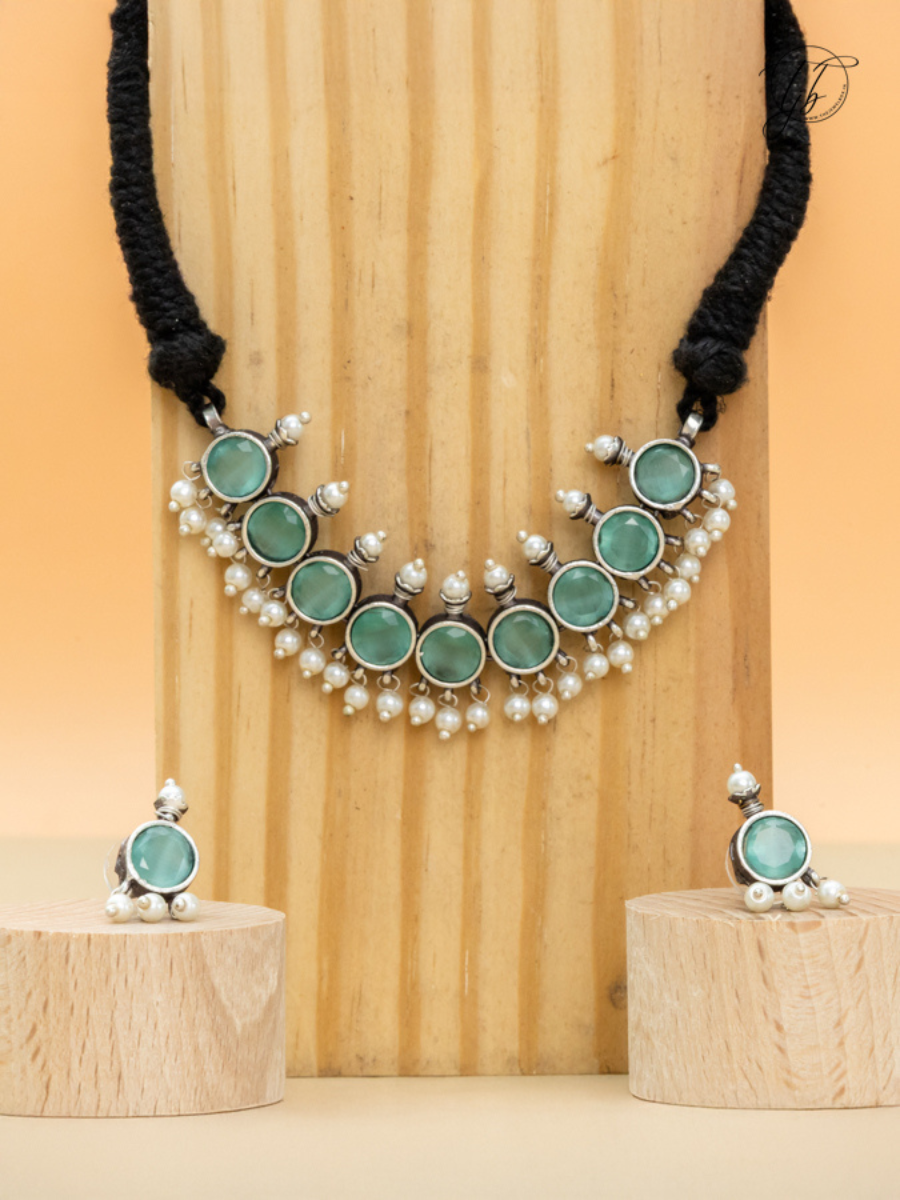 Buy Sea Green Stones German Silver Oxidised Thread Necklace Set