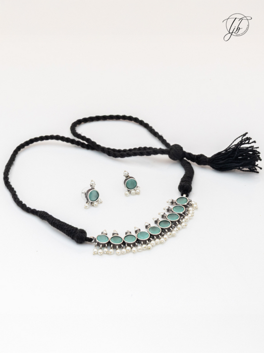 Sea Green Stones German Silver Oxidised Thread Necklace Set