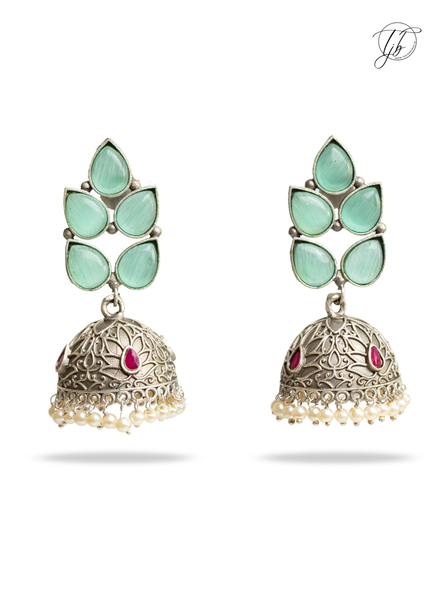 Sea Green Stones Leaf Shaped Big Oxidised Silver Jhumka Earrings