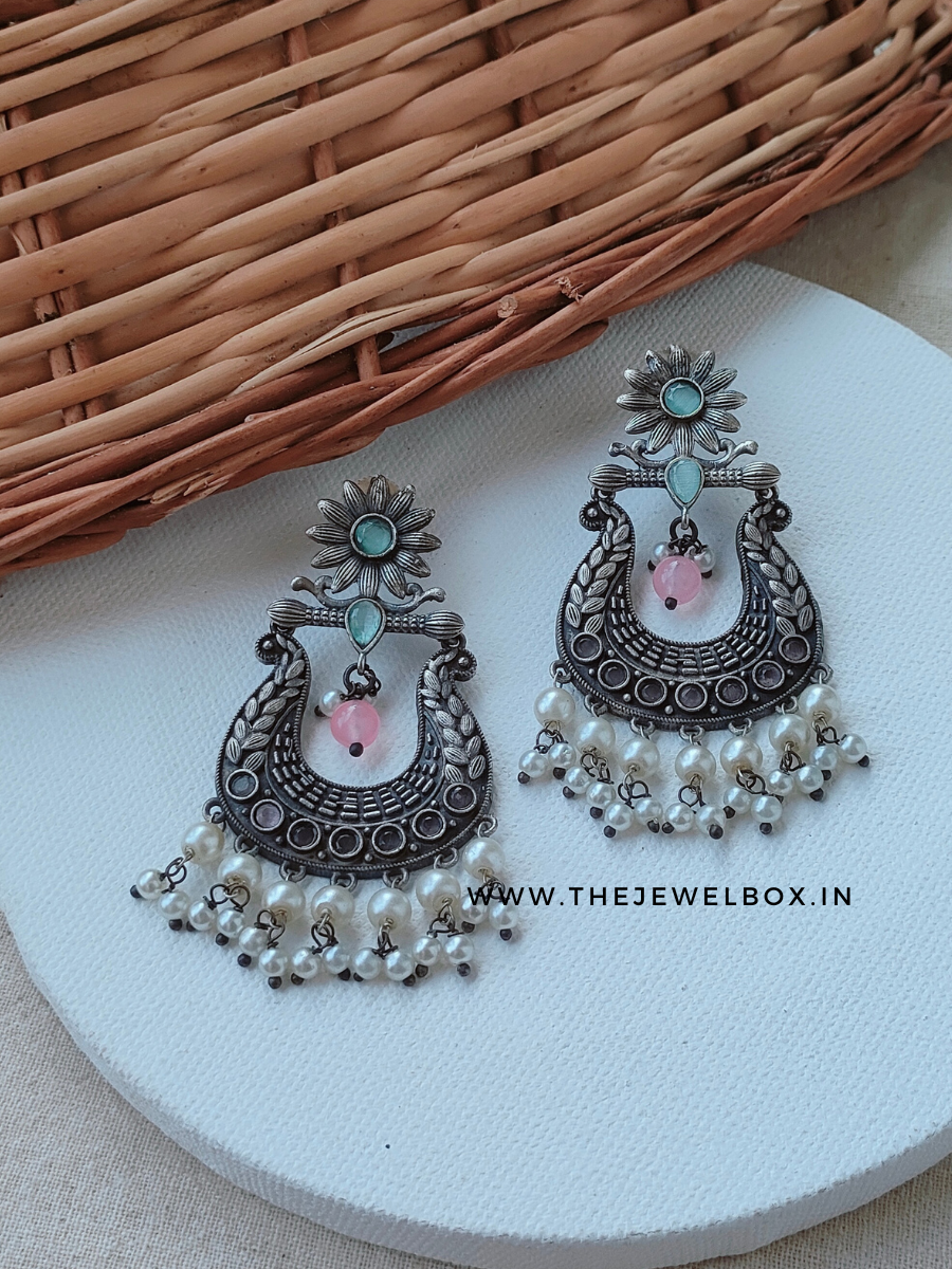 Buy Sea Green and Pink German Silver Oxidised Chandbali Pearl Earrings - TheJewelbox