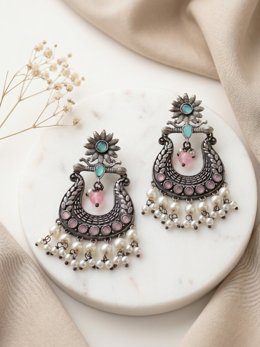 Buy Sea Green and Pink German Silver Oxidised Chandbali Pearl Earrings Online in India
