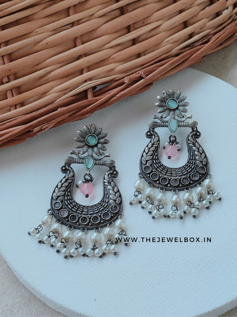 Sea Green and Pink German Silver Oxidised Chandbali Pearl Earrings