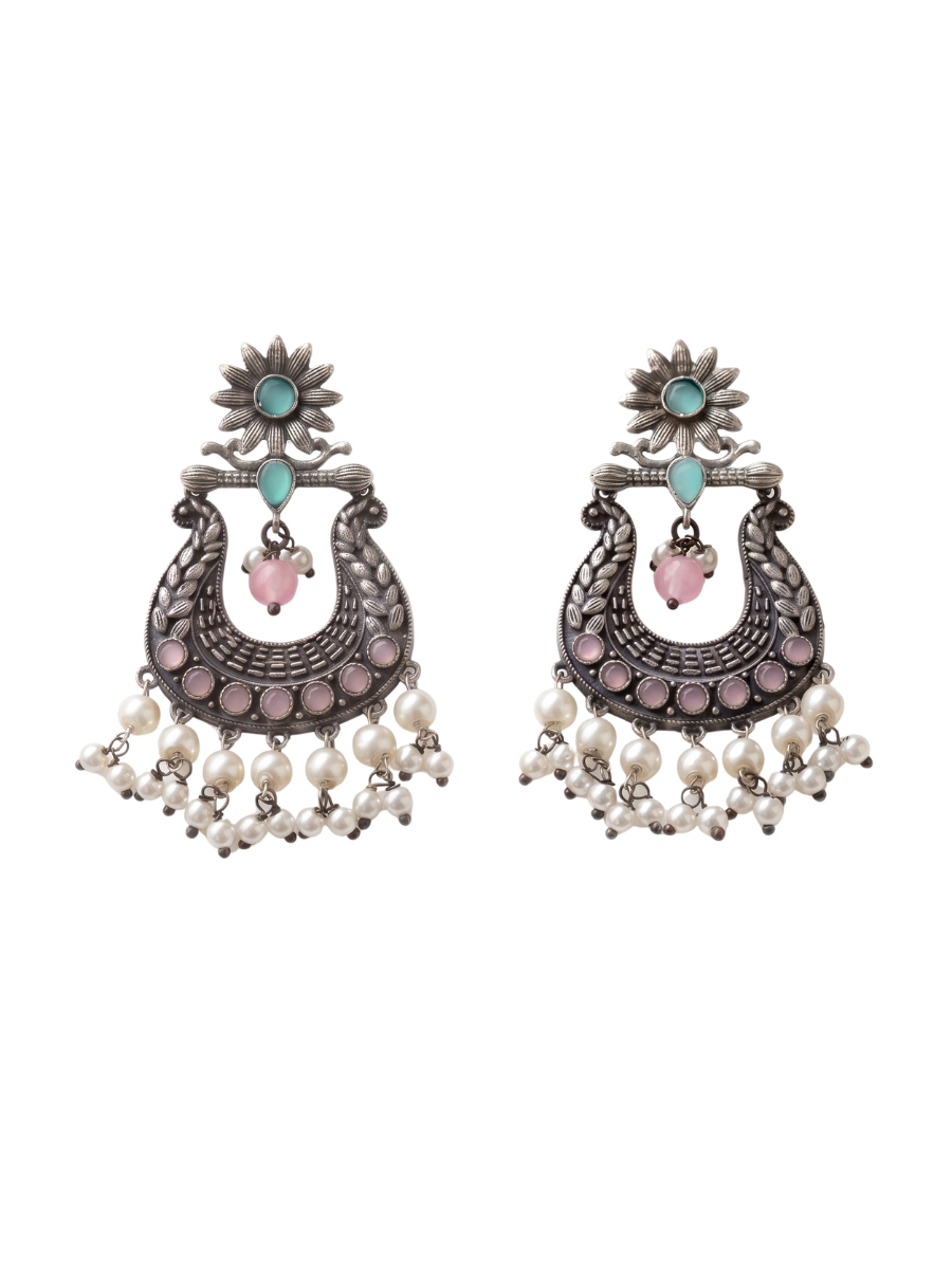 Sea Green and Pink German Silver Oxidised Chandbali Pearl Earrings