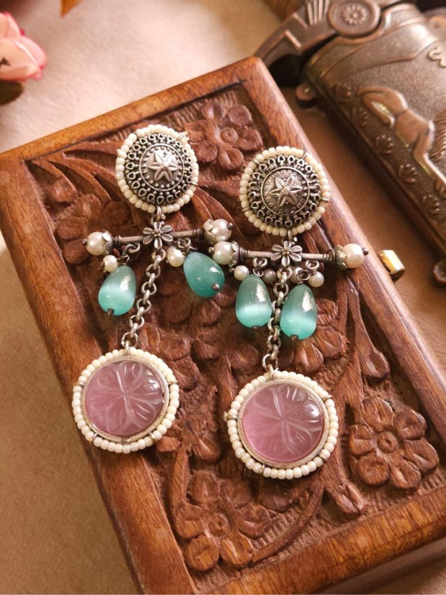 Sea Green and Pink Stone Oxidised Silver Drop Earrings