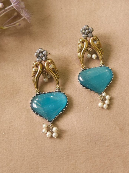 Sky Blue Monalisa Stone Dual Tone Oxidised Stud Earrings