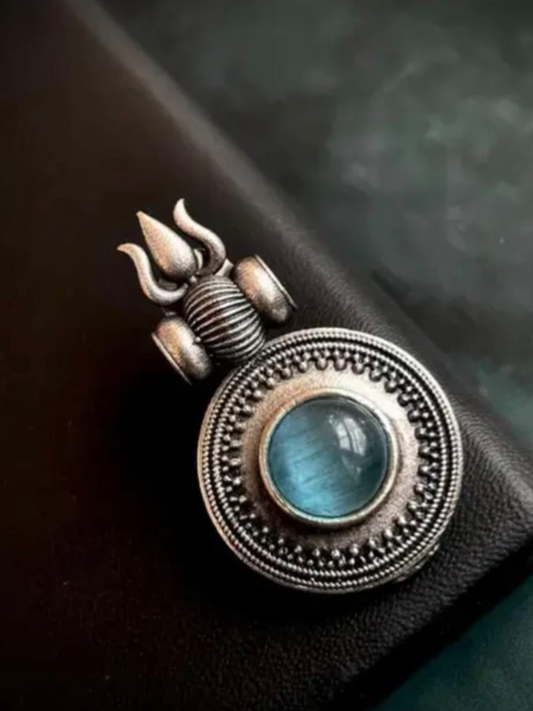 Sky Blue Monalisa Stone Oxidised Silver Trishul Earrings