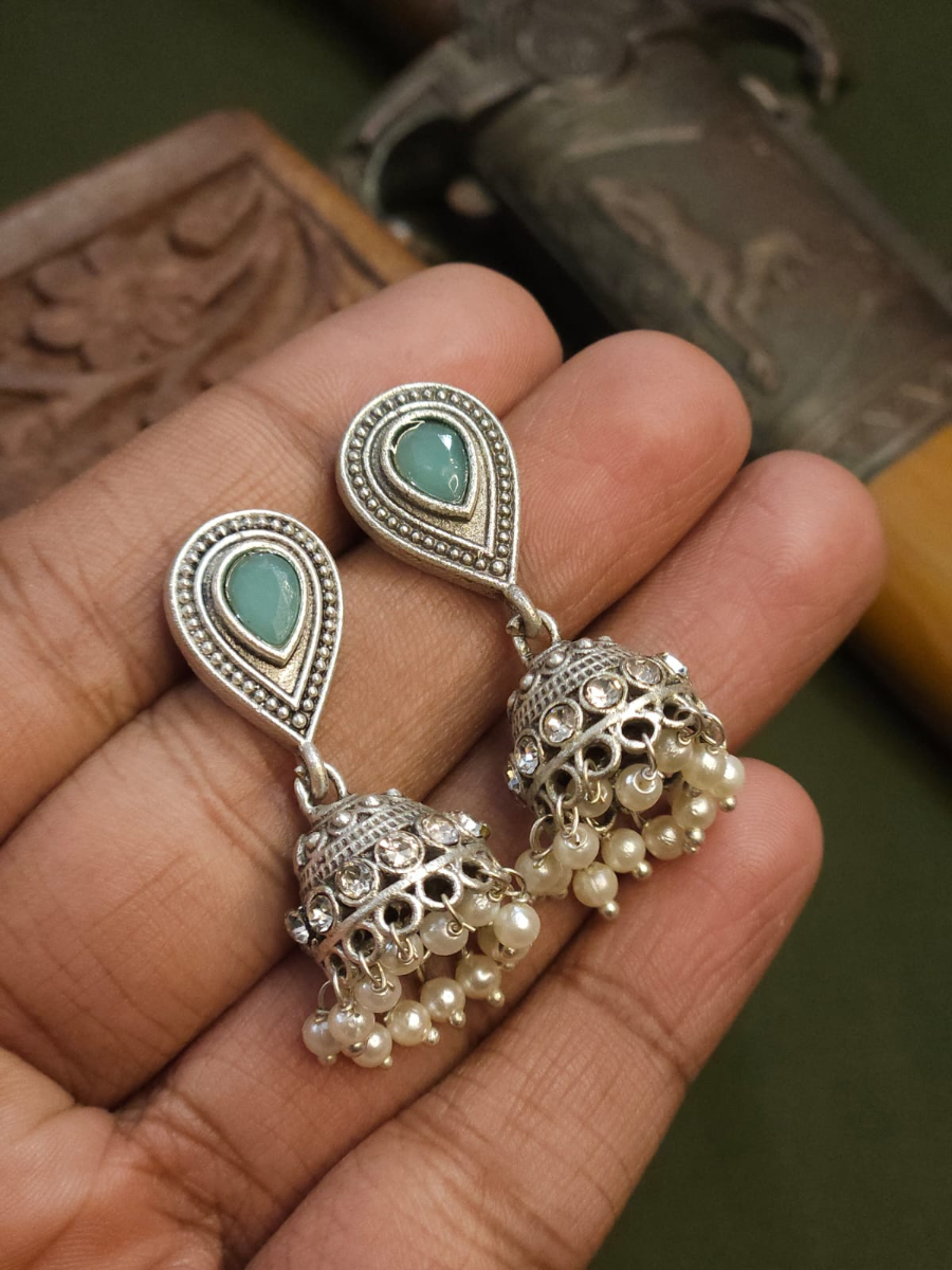 Buy Sky Blue Stone Studded Oxidised Silver Small Jhumka Earrings Online - TheJewelbox