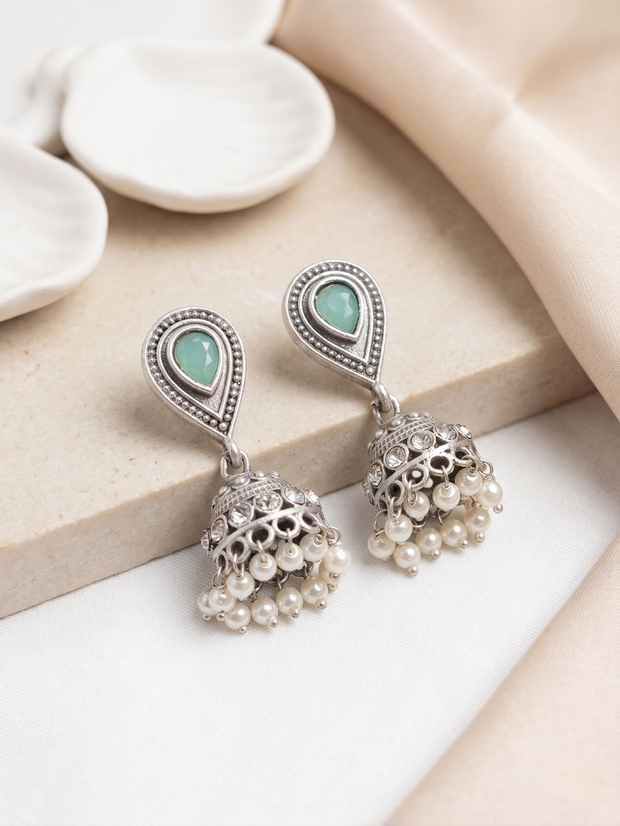 Buy Sky Blue Stone Studded Oxidised Silver Small Jhumka Earrings Online in India