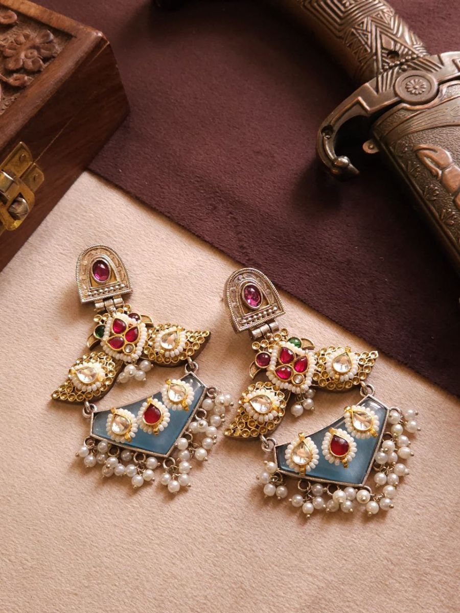 Buy Sky Blue Stone and Kundan Studded Dual Tone Oxidised Earrings - TheJewelbox