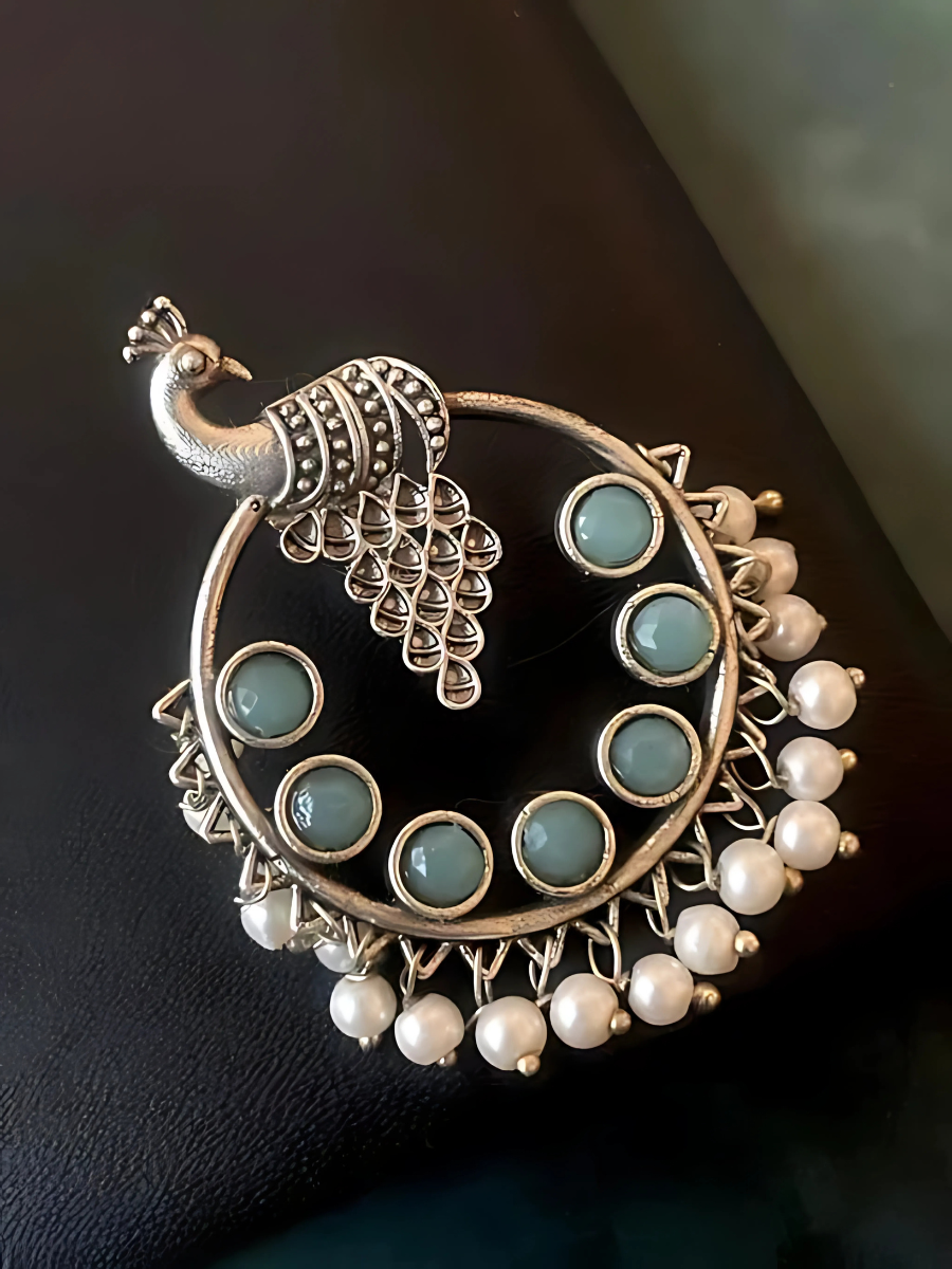 Sky Blue Stones Oxidised Silver Peacock Hoop Earrings