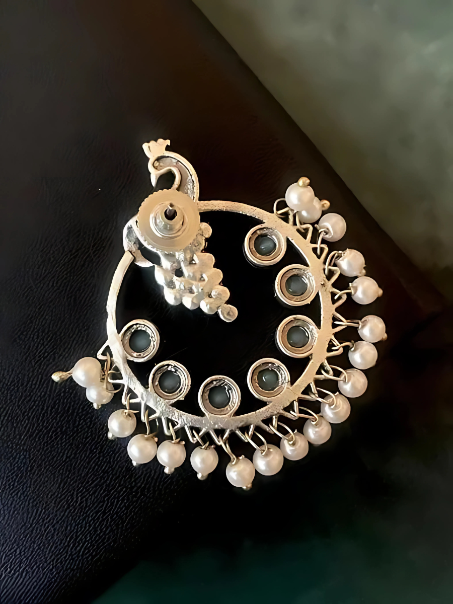 Oxidised Silver Sky Blue Stones Peacock Hoop Earrings