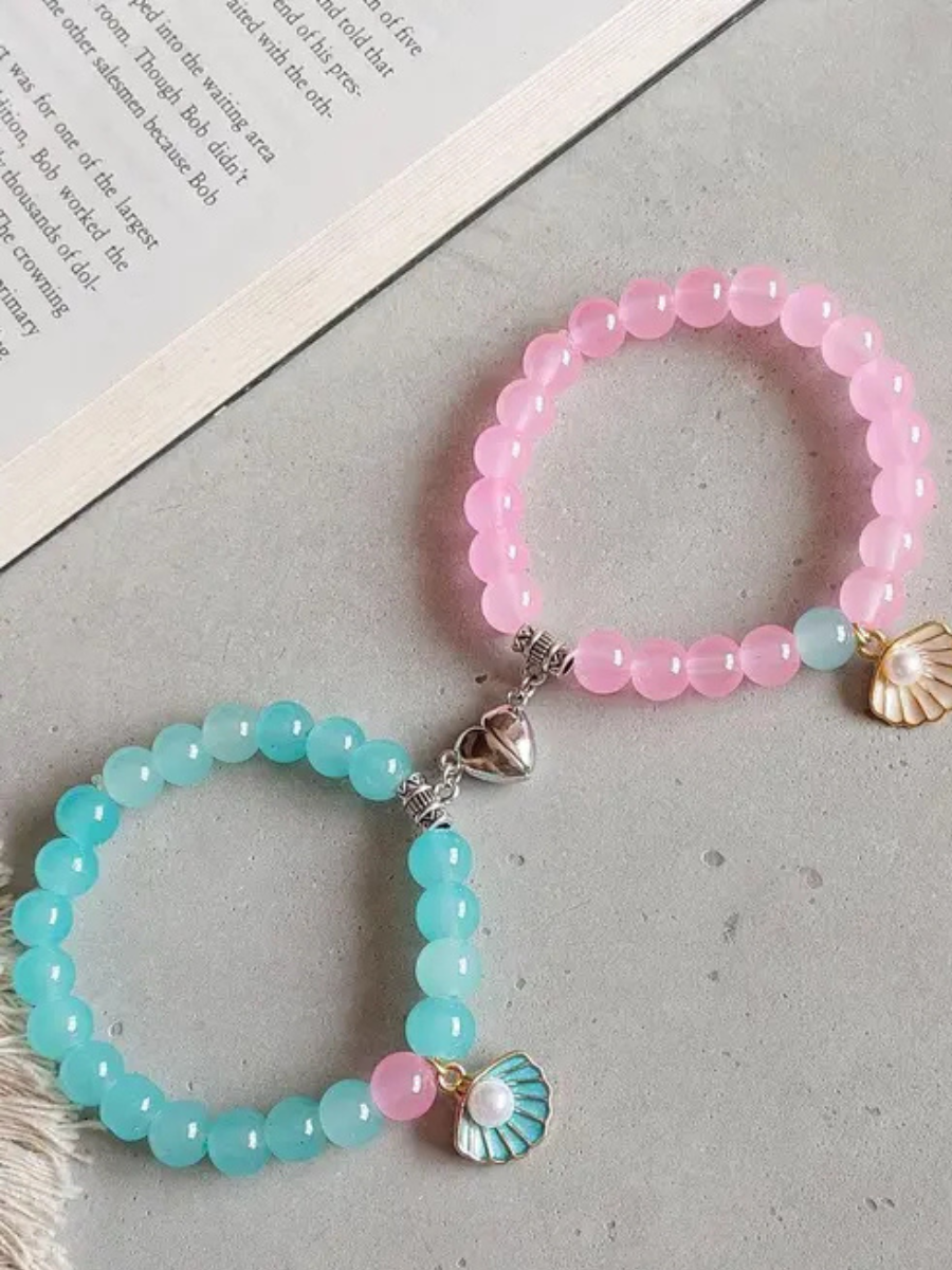 Buy Sky Blue and Baby Pink Shell Charms Beaded Magnetic Bracelet