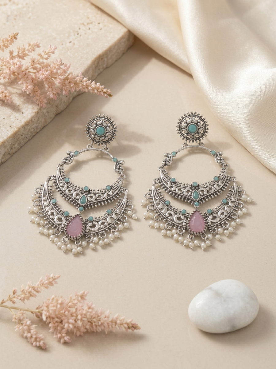Buy Sky Blue and Pink Stone German Silver Oxidised Chandbali Earrings Online in India