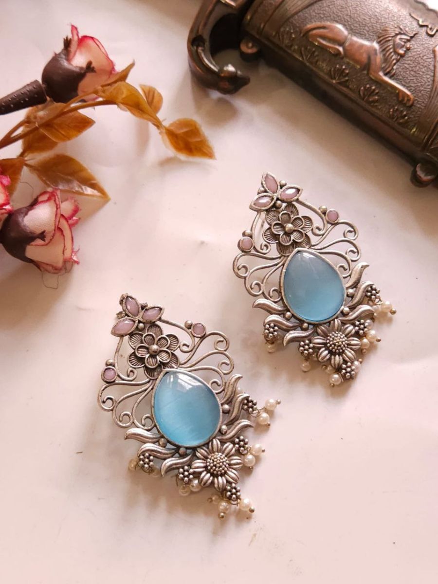Buy Sky Blue and Pink Stones Oxidised Silver Stud Earrings Online