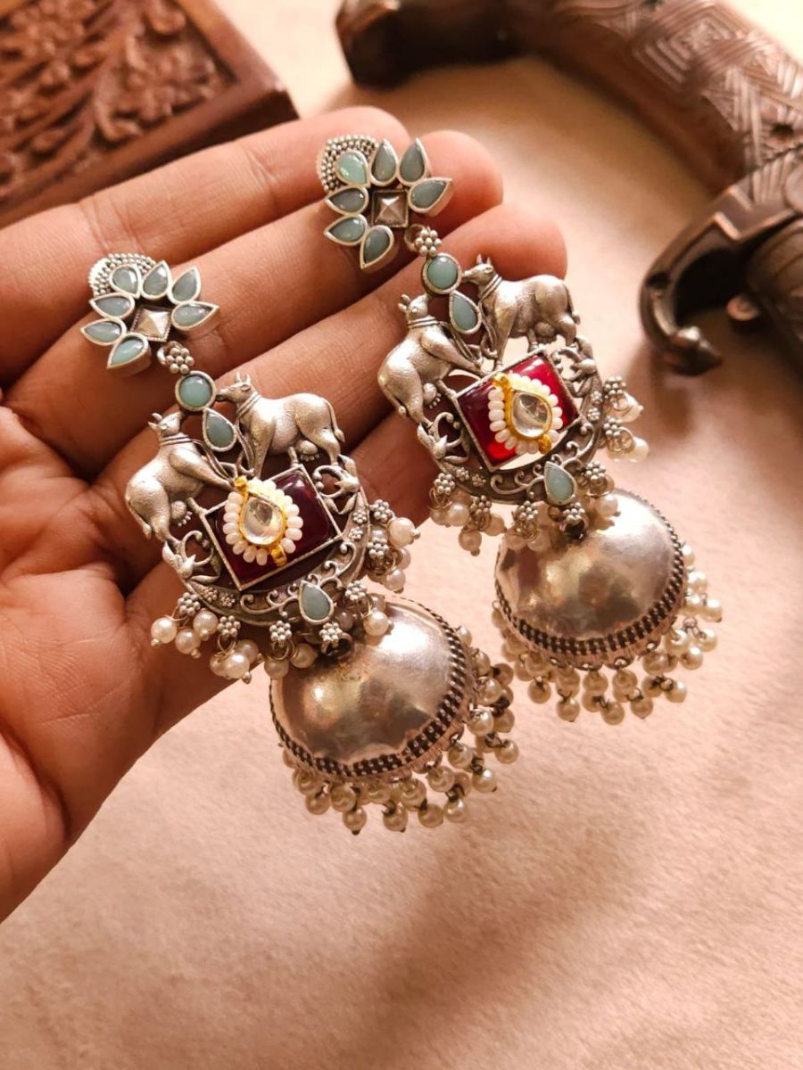 Buy Sky Blue and Ruby Red Big Oxidised Jhumka Earrings - TheJewelbox