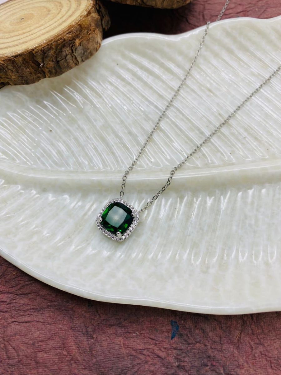 Buy Square Green Emerald Pendant Silver Chain Necklace Online