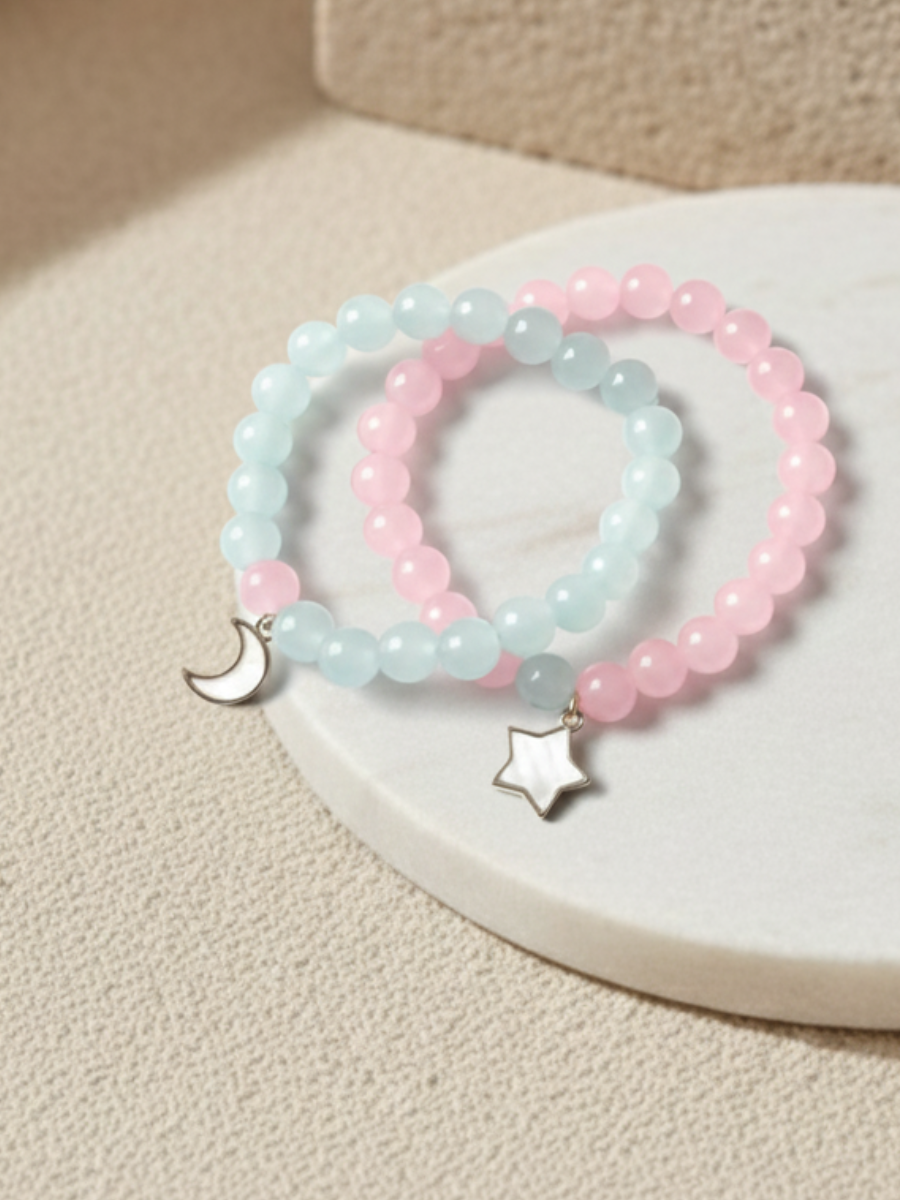 Star and Moon Charms Pink and Sky Blue Beaded Bracelets