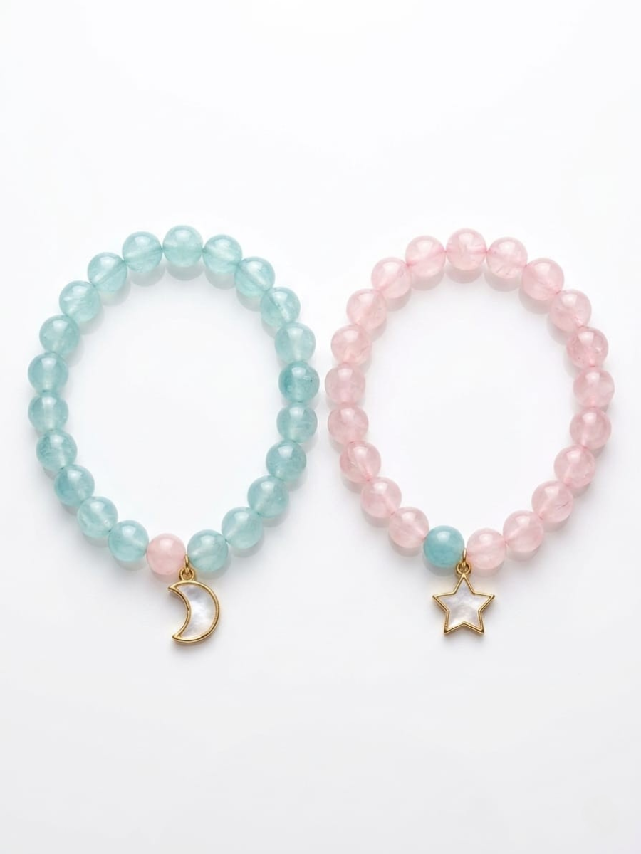 Star and Moon Charms Pink and Sky Blue Beaded Bracelets