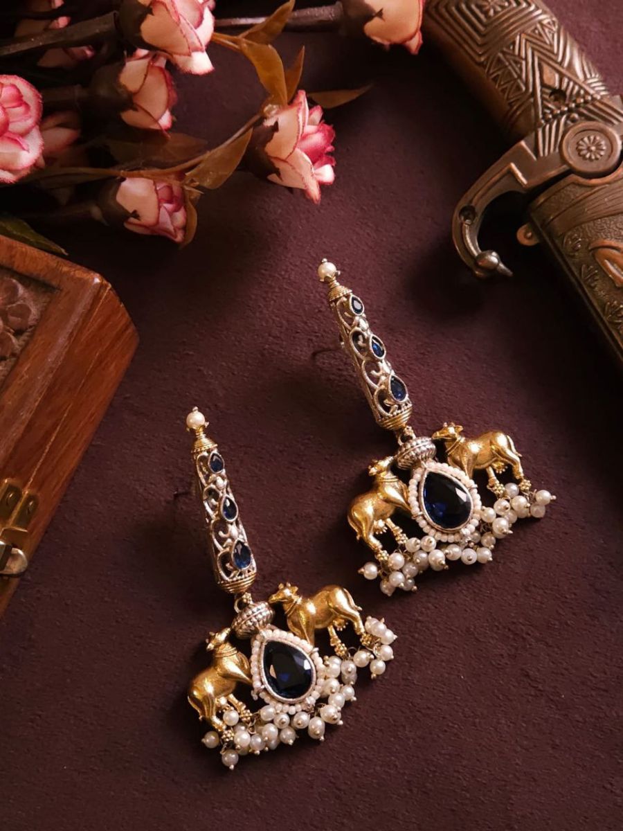 Buy Stylish Blue Stone Dual Tone Oxidised Drop Earrings - TheJewelbox