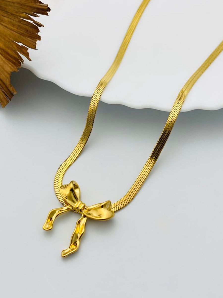 Stylish Bow Pendant Golden Plated Snake Chain Necklace