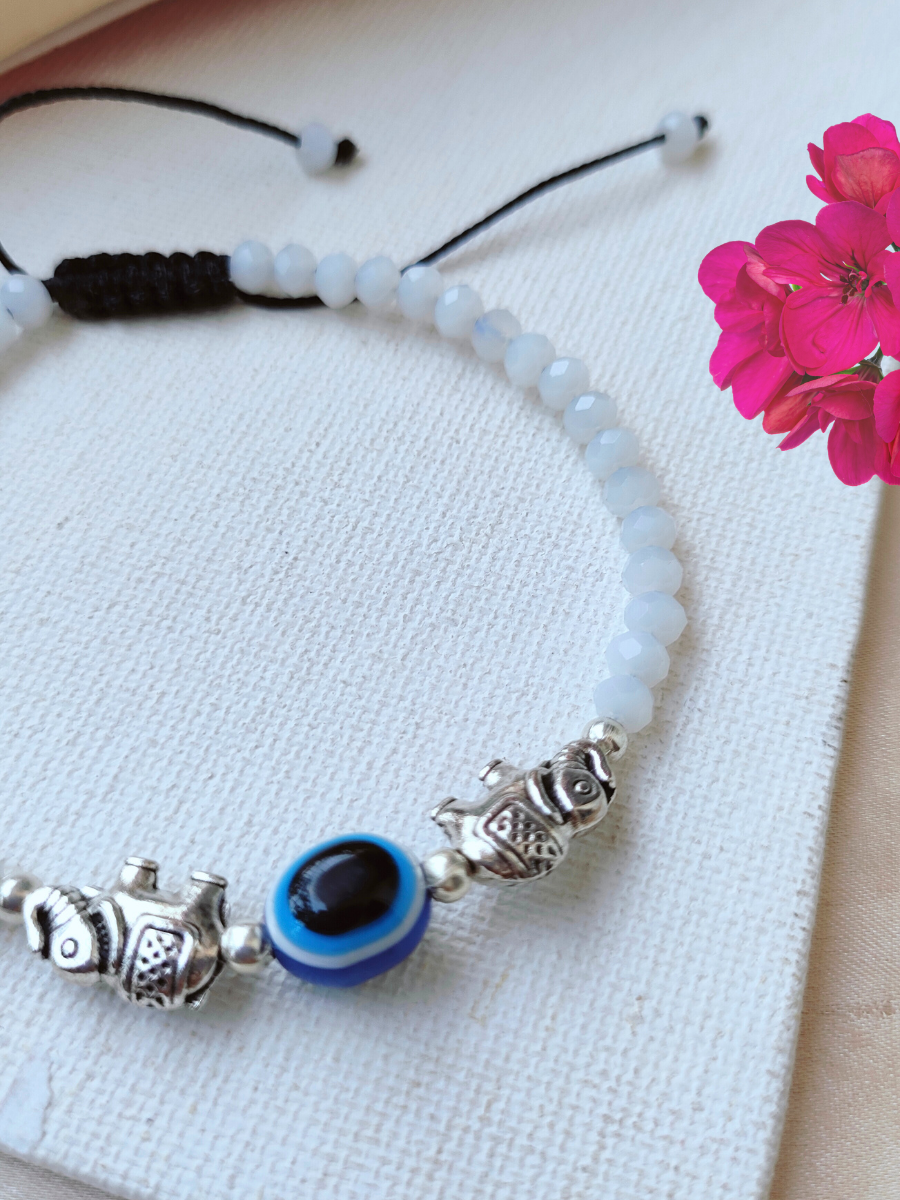 Stylish Elephant Charm White Beaded Evil Eye Anklet