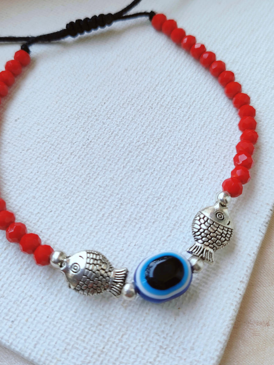 Stylish Fish Charm Red Beaded Evil Eye Anklet