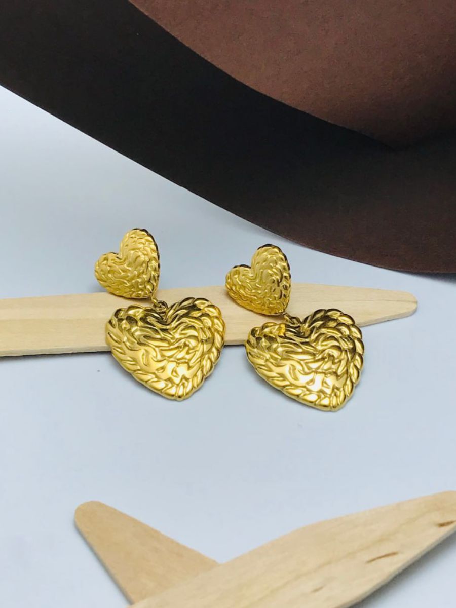 Stylish Gold Plated Two of Textured Hearts Drop Earrings
