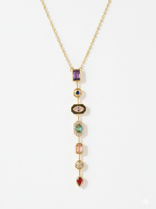 Stylish Golden Plated Stainless Steel Gemstone Y Necklace - Real Picture