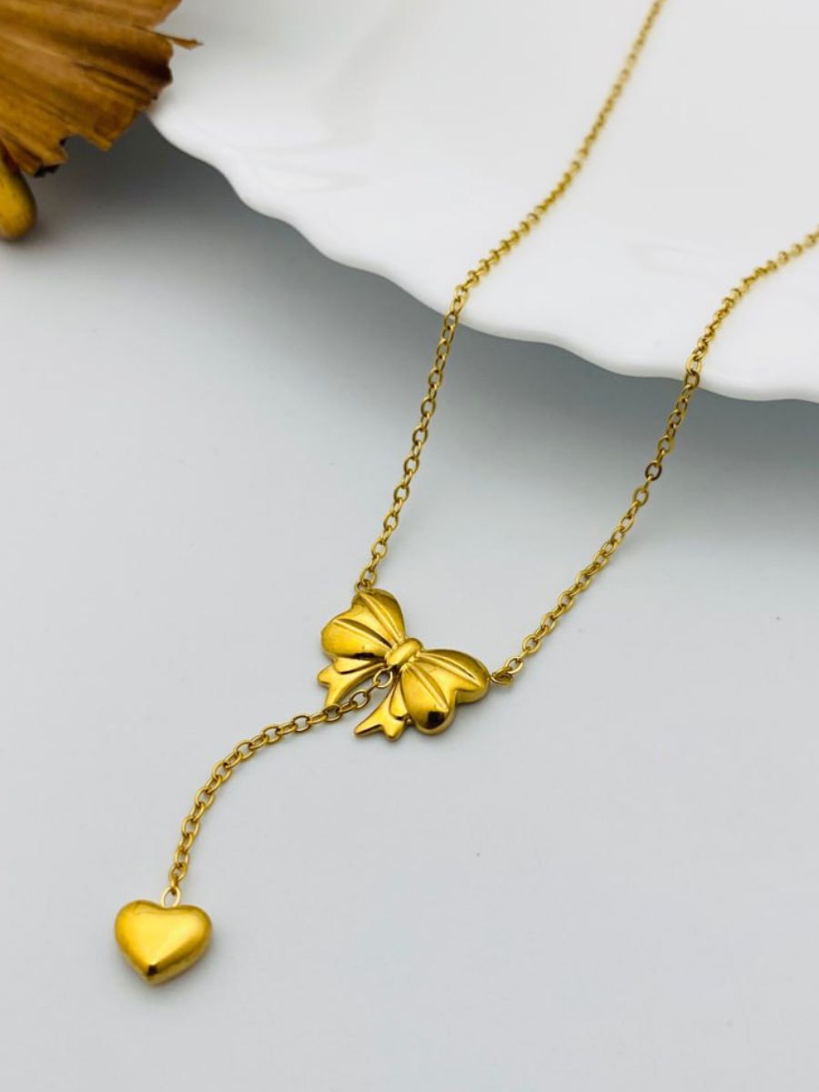 Stylish Hanging Bow Charm Golden Chain Necklace