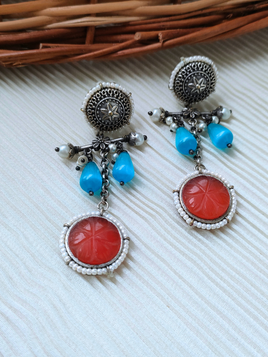 Stylish Orange and Sky Blue Oxidised Silver Hanging Earrings
