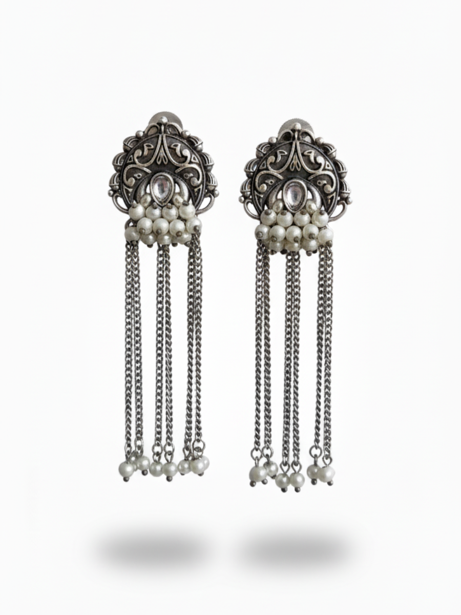 Stylish Oxidised Silver Long Chain Drop Pearl Earrings