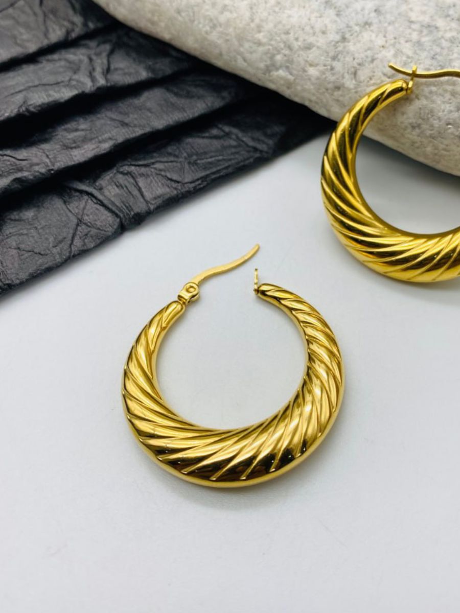 Stylish Textured Gold Toned Chunky Hoop Earrings