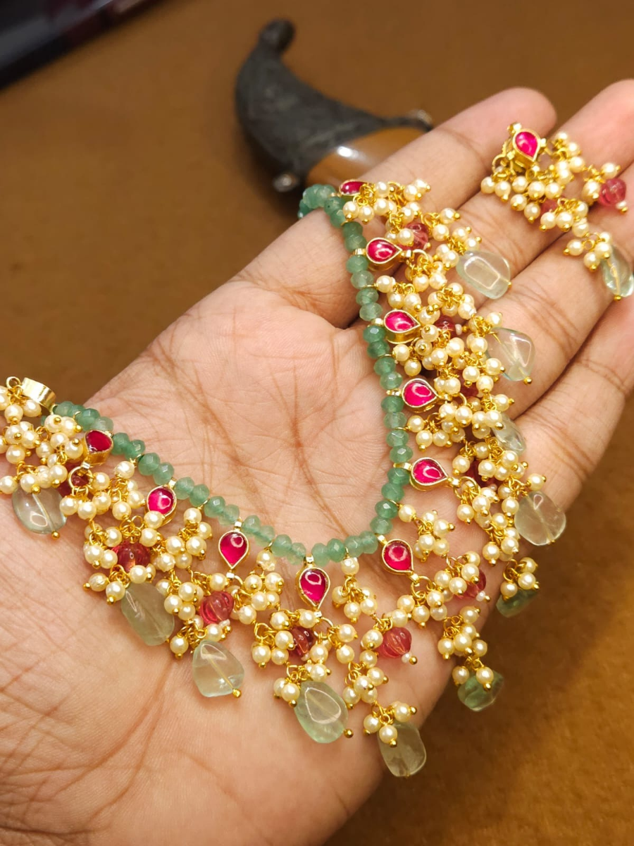 Ruby Red and Green Gold Plated Pearl Choker Necklace