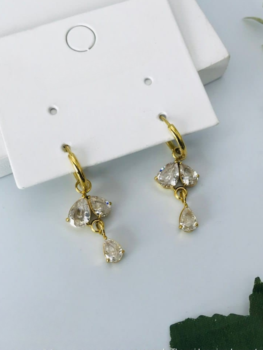 Teardrop White Stones Golden Huggie Hoop Earrings