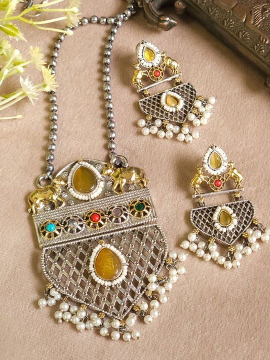 Temple Style Dual Tone Oxidised Yellow Kundan Long Necklace Set