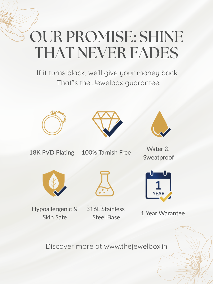 The Jewelbox anti-tarnish jewelry: 18K PVD gold plated, waterproof, hypoallergenic 316L stainless steel, and 1-year warranty.