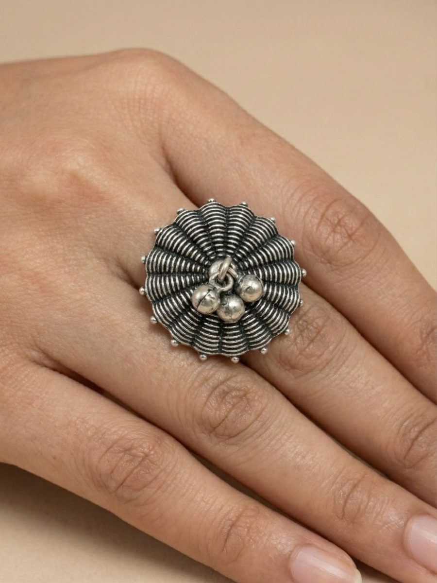 Traditional Antique Silver Ghungroo Umbrella Ring