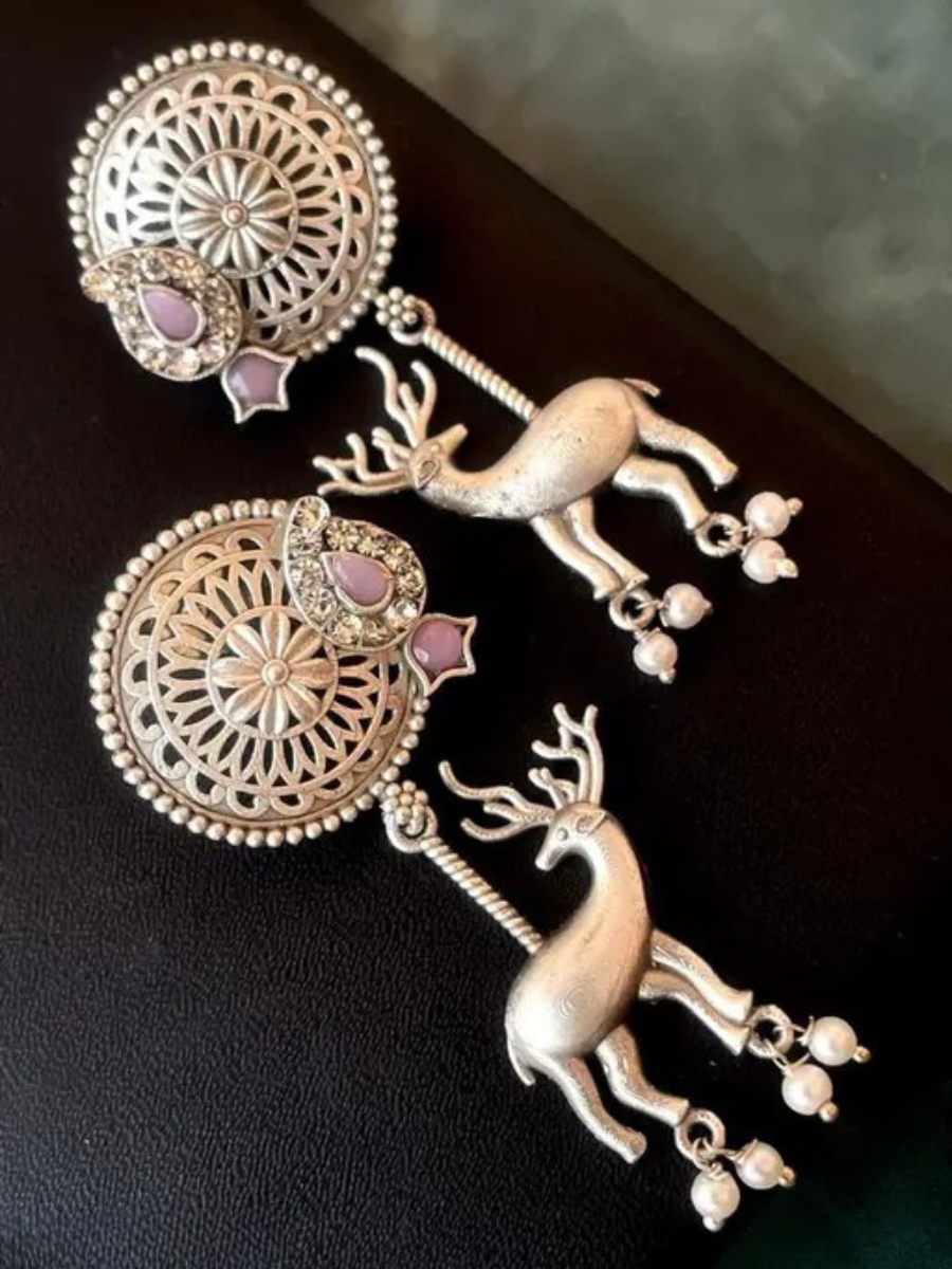Buy Traditional Baby Pink Stone Deer Dangler Oxidised Silver Earrings Online - TheJewelbox