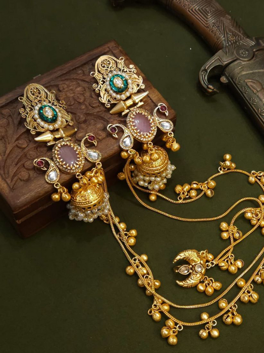 Traditional Baby Pink Stone Long Golden Jhumka with Earchain