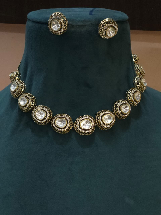 Traditional Big Kundan Style Gold Plated Choker Necklace Set
